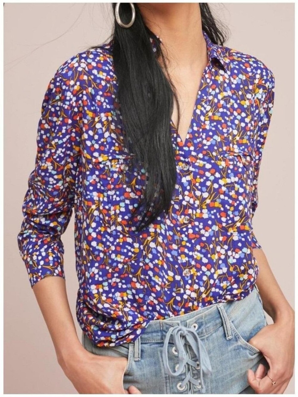 Anthropologie Conversations "9 of 52" Floral Rayon Button Down Blouse, Small